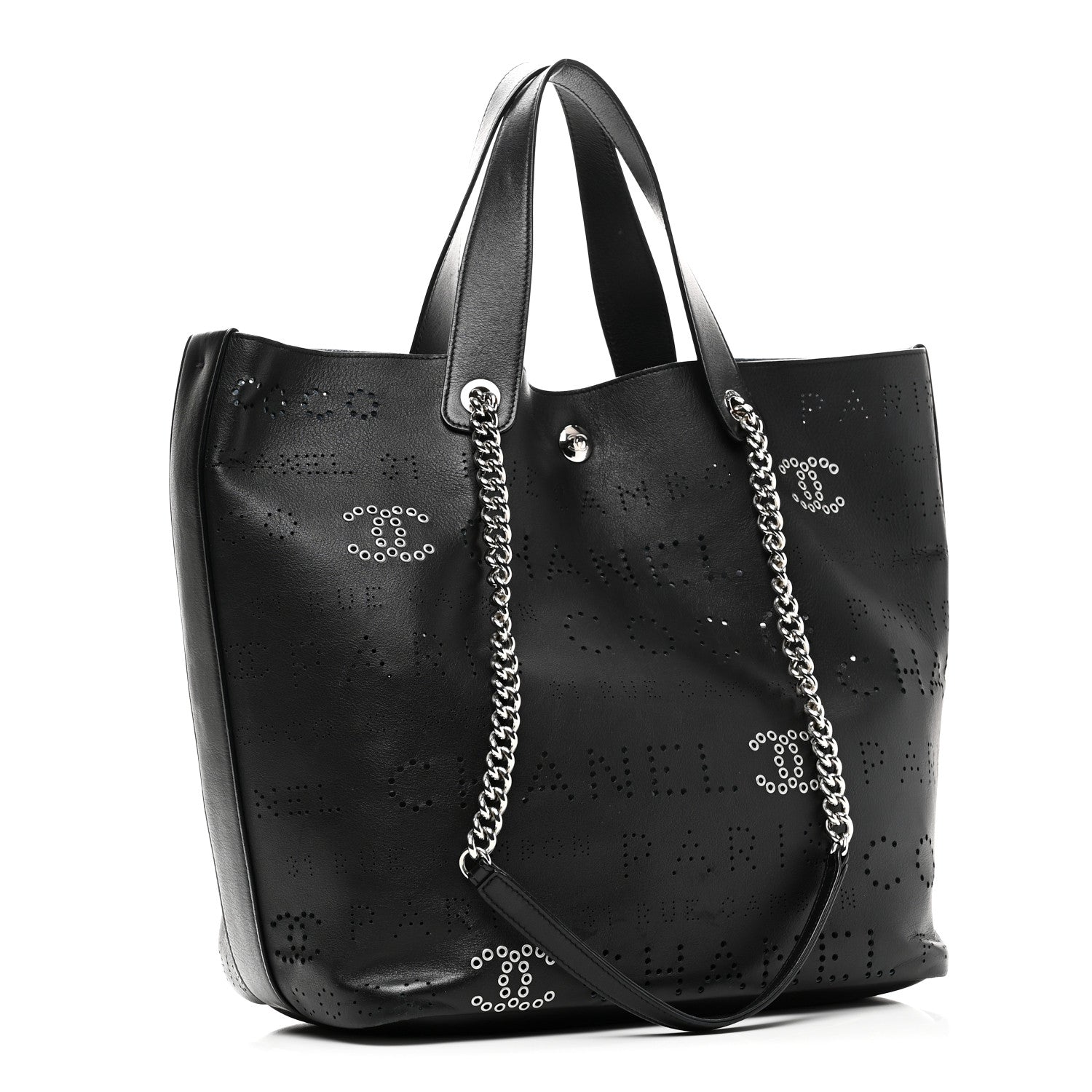 Chanel Calfskin Tweed Small Logo Eyelets Shopping Tote Black 4 of 11