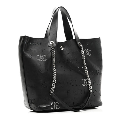 Chanel Calfskin Tweed Small Logo Eyelets Shopping Tote Black 4 of 11