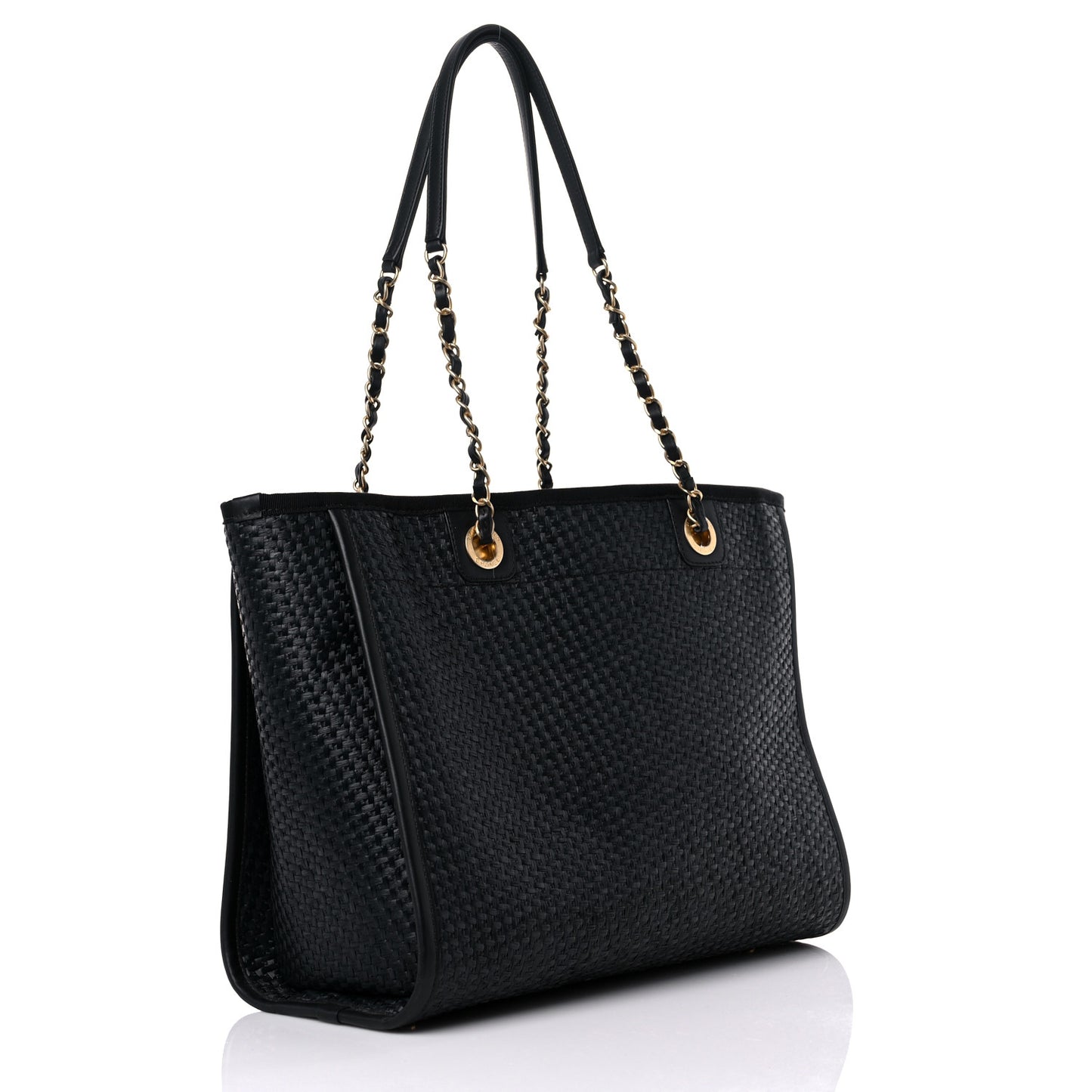 Straw Raffia Calfskin Chain Small Deauville Tote Black