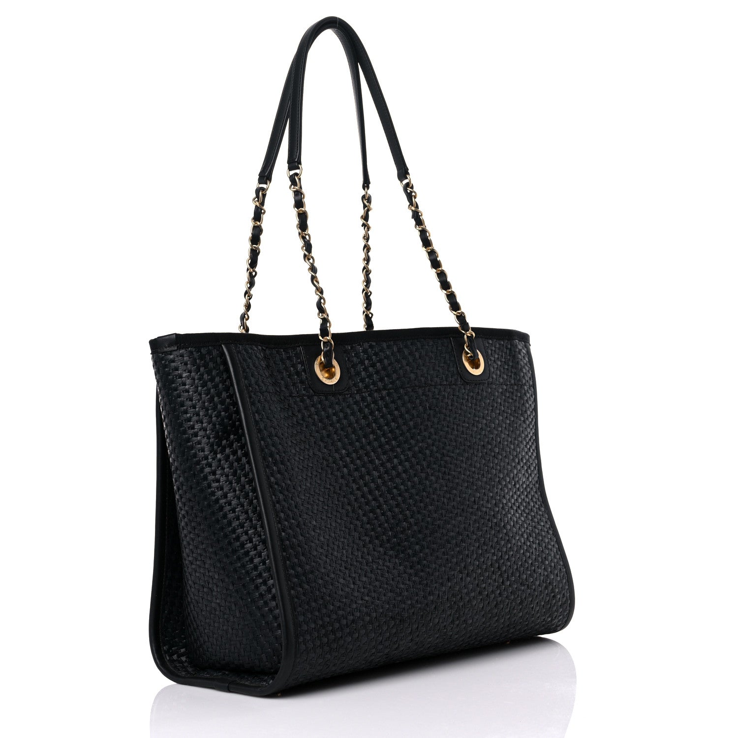 Chanel Straw Raffia Calfskin Chain Small Deauville Tote Black 3 of 13