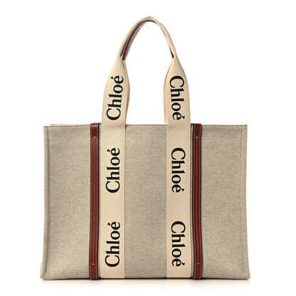 Chloe Cotton Calfskin Large Woody Ribbon Tote White Brown 1 of 9