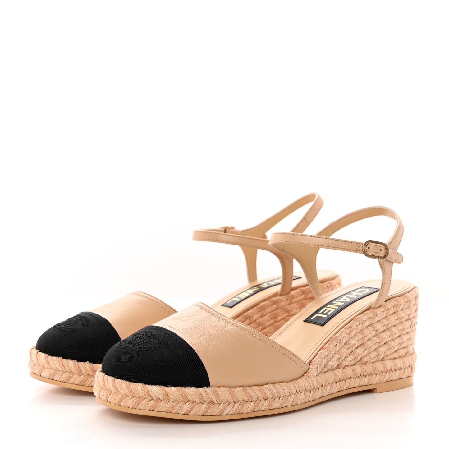 Lambskin Grosgrain CC Espadrilles Wedges 40 Beige Black