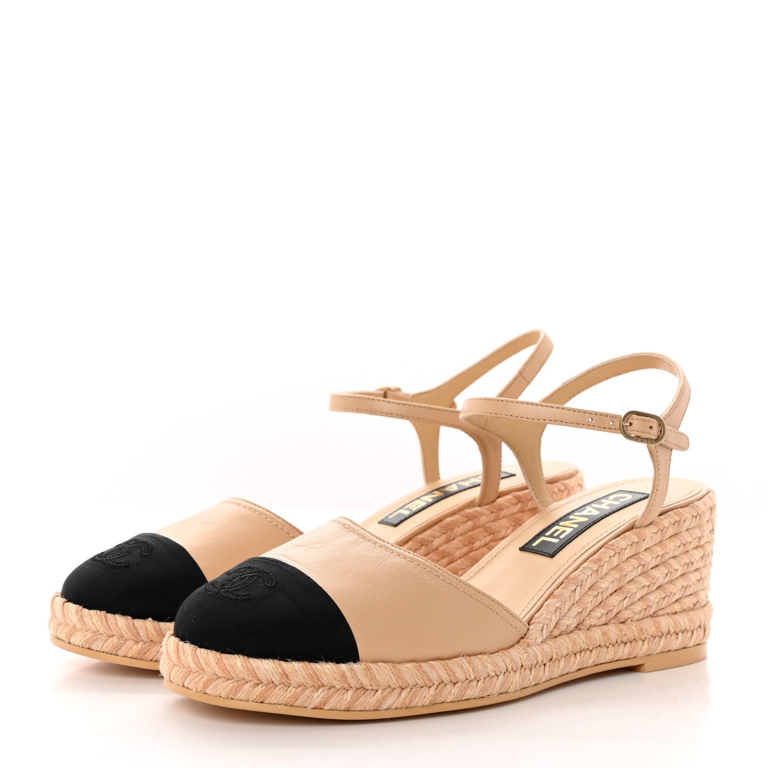 Chanel Lambskin Grosgrain CC Espadrilles Wedges 40 Beige Black 3 of 13