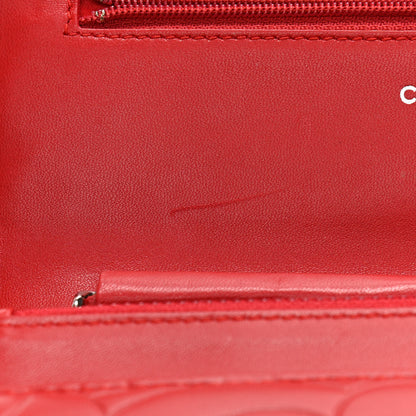Chanel Lambskin Camellia Embossed Wallet On Chain WOC Red 15 of 17