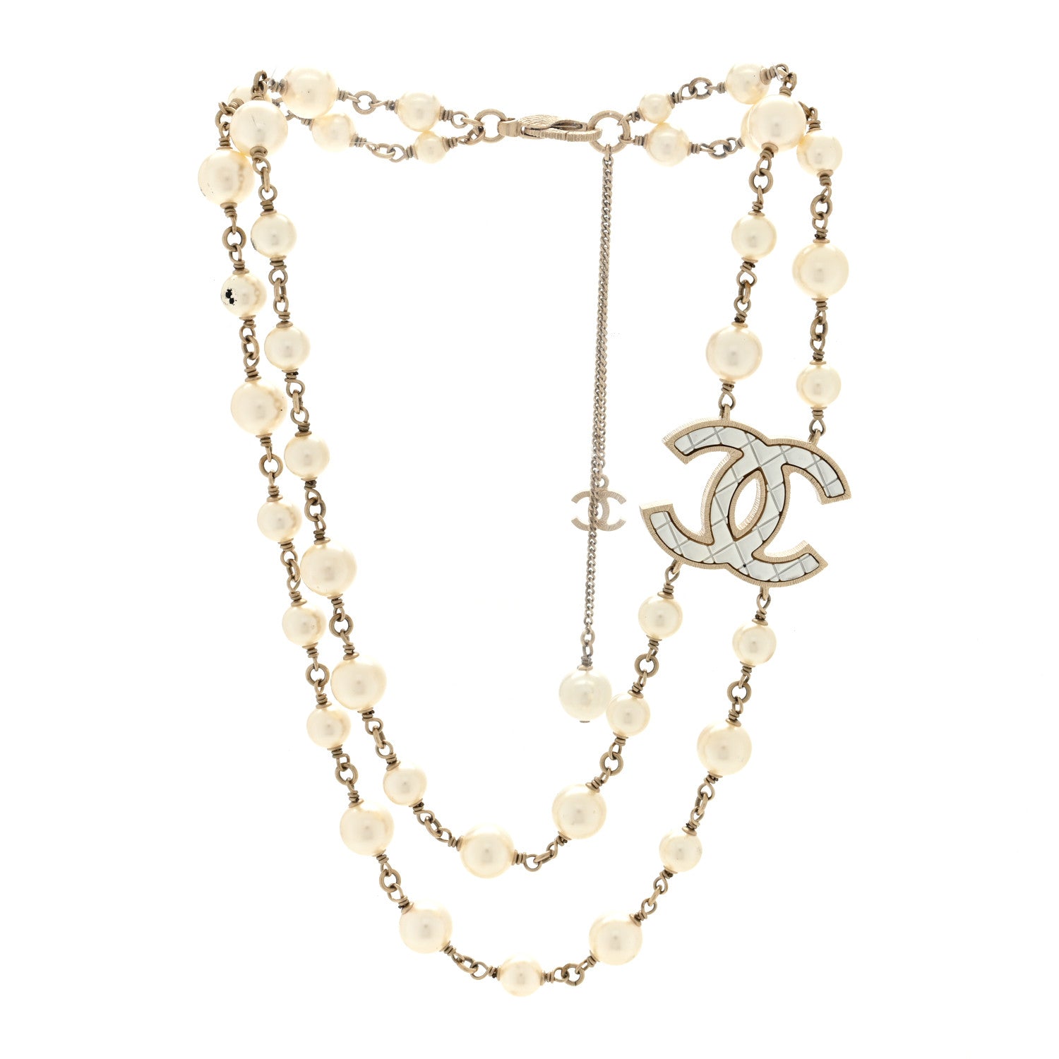 Chanel Metal Quilted Pearl CC Long Necklace Light Gold 2 of 4