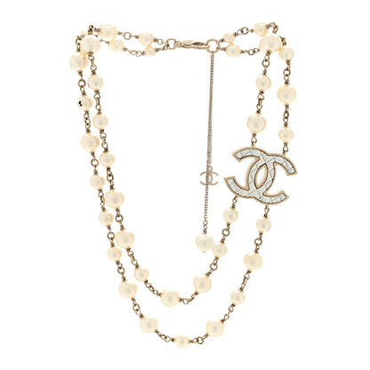 Chanel Metal Quilted Pearl CC Long Necklace Light Gold 2 of 4