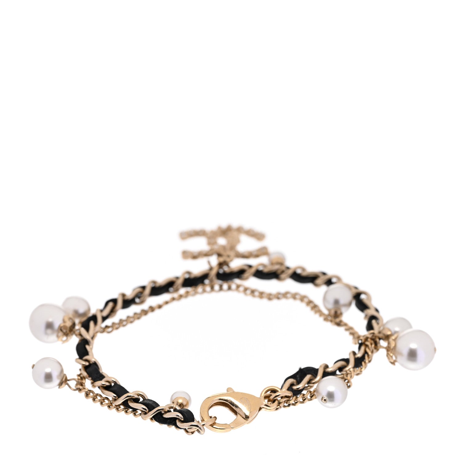 Chanel Lambskin Pearl Crystal Chain CC Bracelet Black Gold 3 of 6