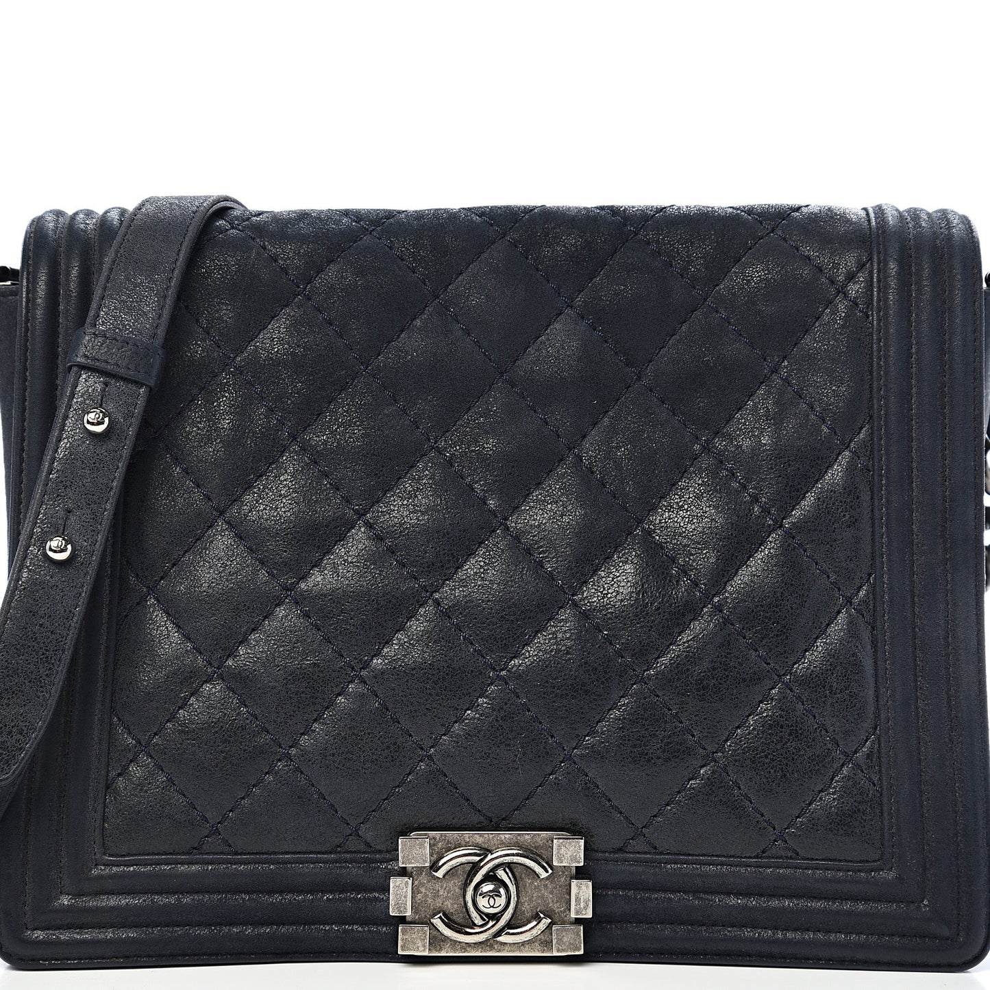 Goatskin Quilted Medium Gentle Boy Flap Navy Blue