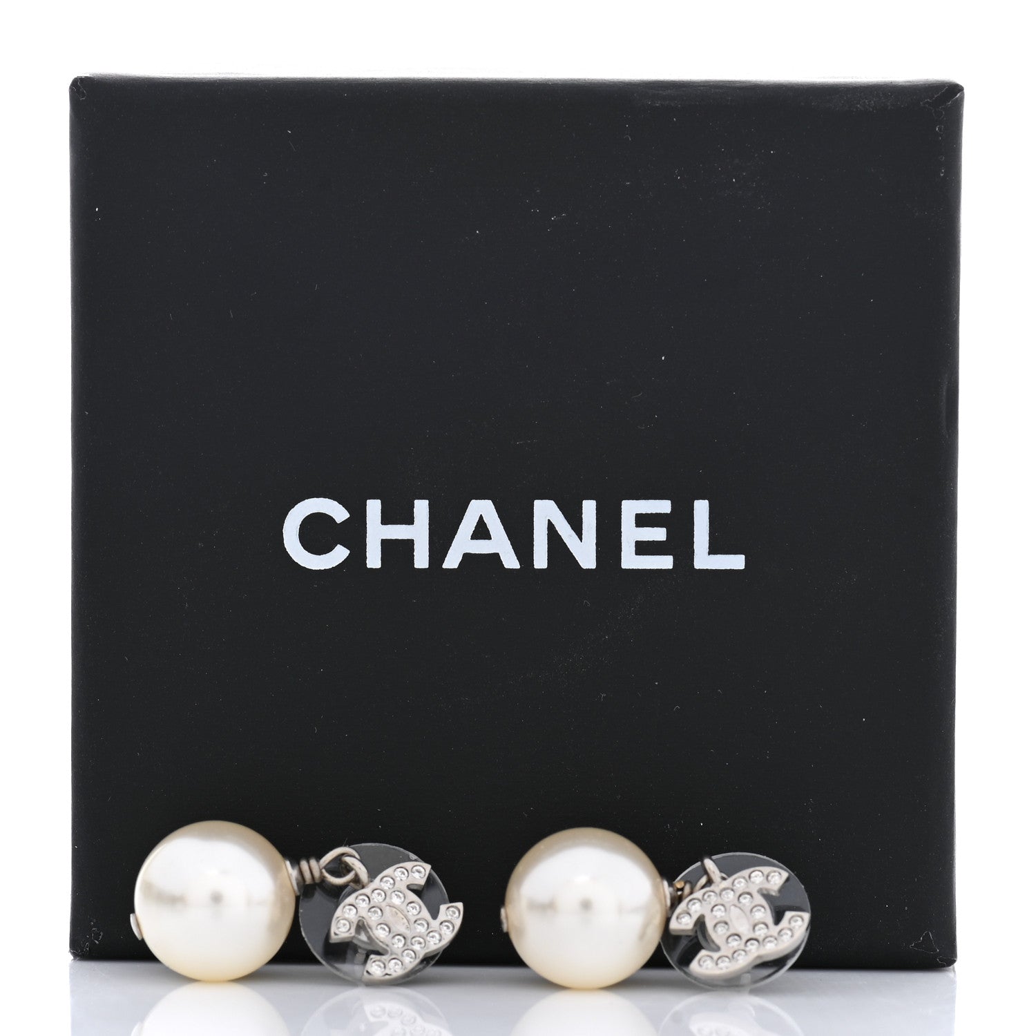 Chanel Crystal Pearl CC Drop Earrings Silver Pearly White 5 of 5