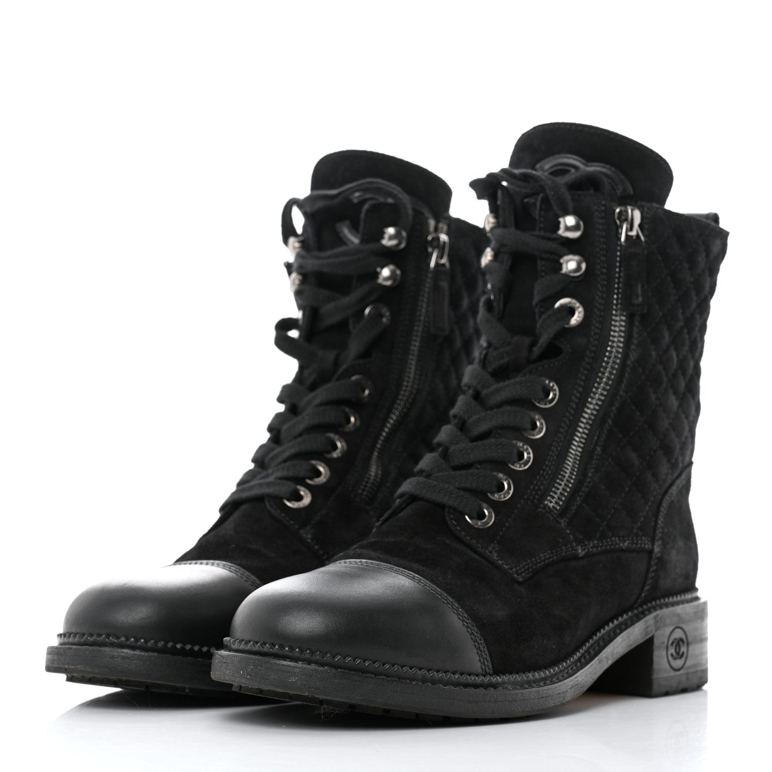 Chanel Suede Quilted CC Lace Up Combat Boots 38.5 Black 3 of 8