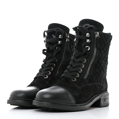 Chanel Suede Quilted CC Lace Up Combat Boots 38.5 Black 3 of 8