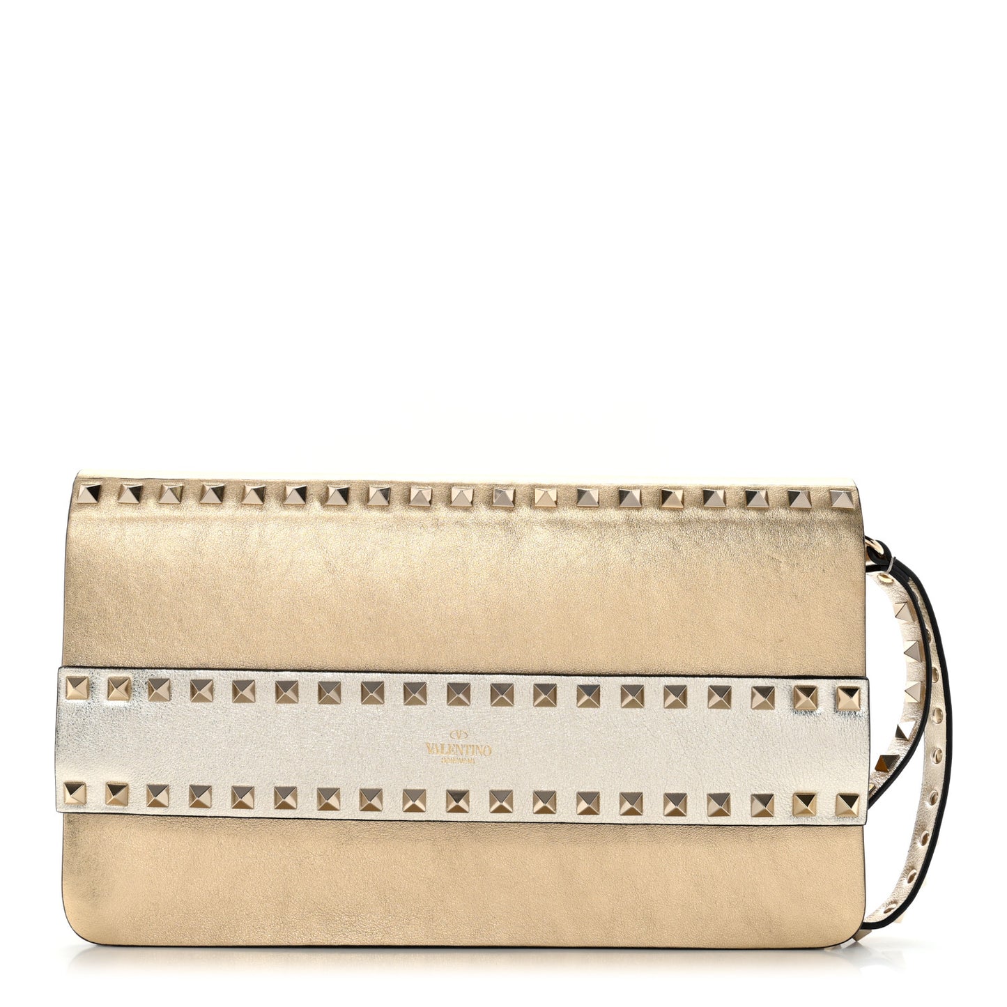 Metallic Calfskin Rockstud Side Slip Wristlet Clutch Gold