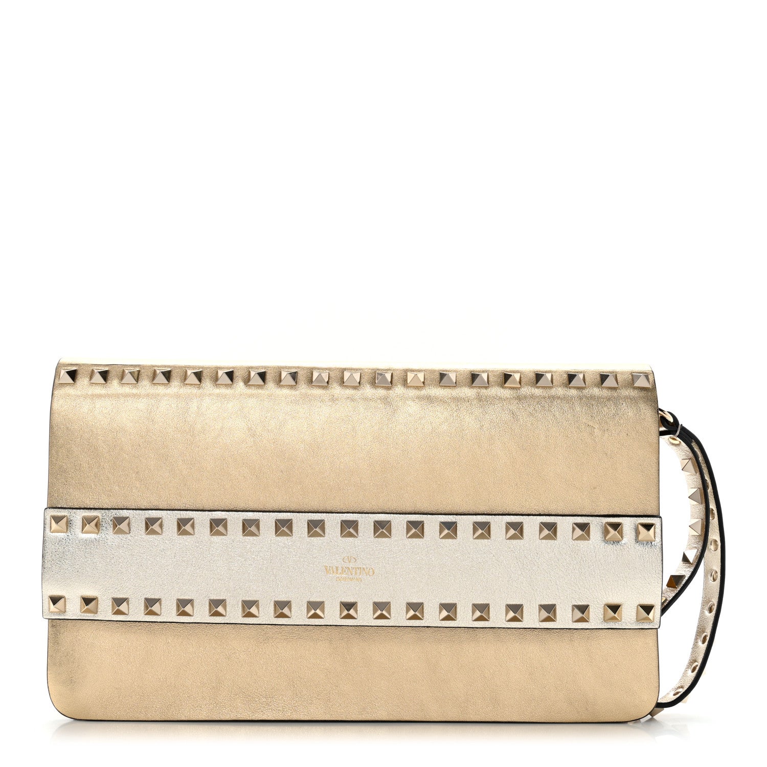 Valentino Garavani Metallic Calfskin Rockstud Side Slip Wristlet Clutch Gold 1 of 12