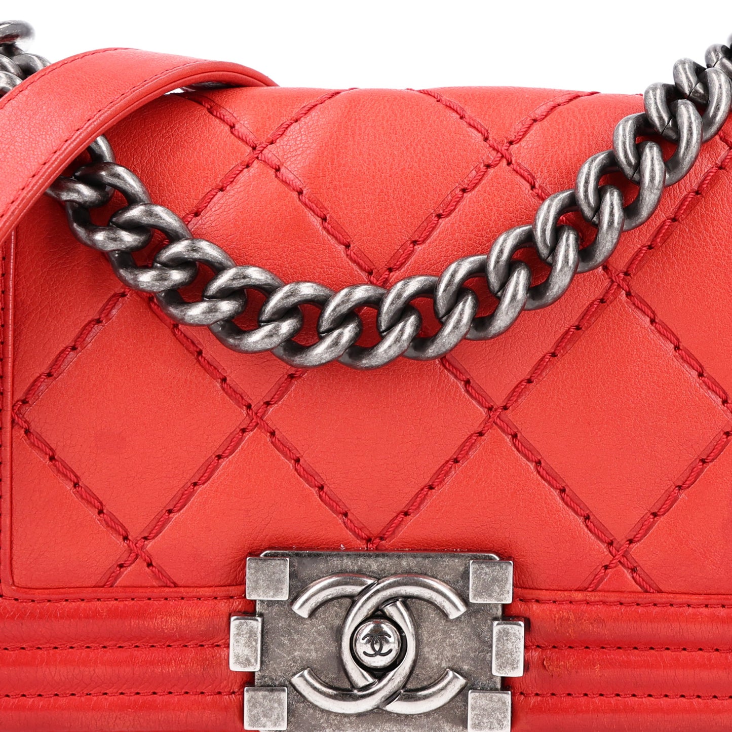 Calfskin Double Stitch Small Boy Flap Red
