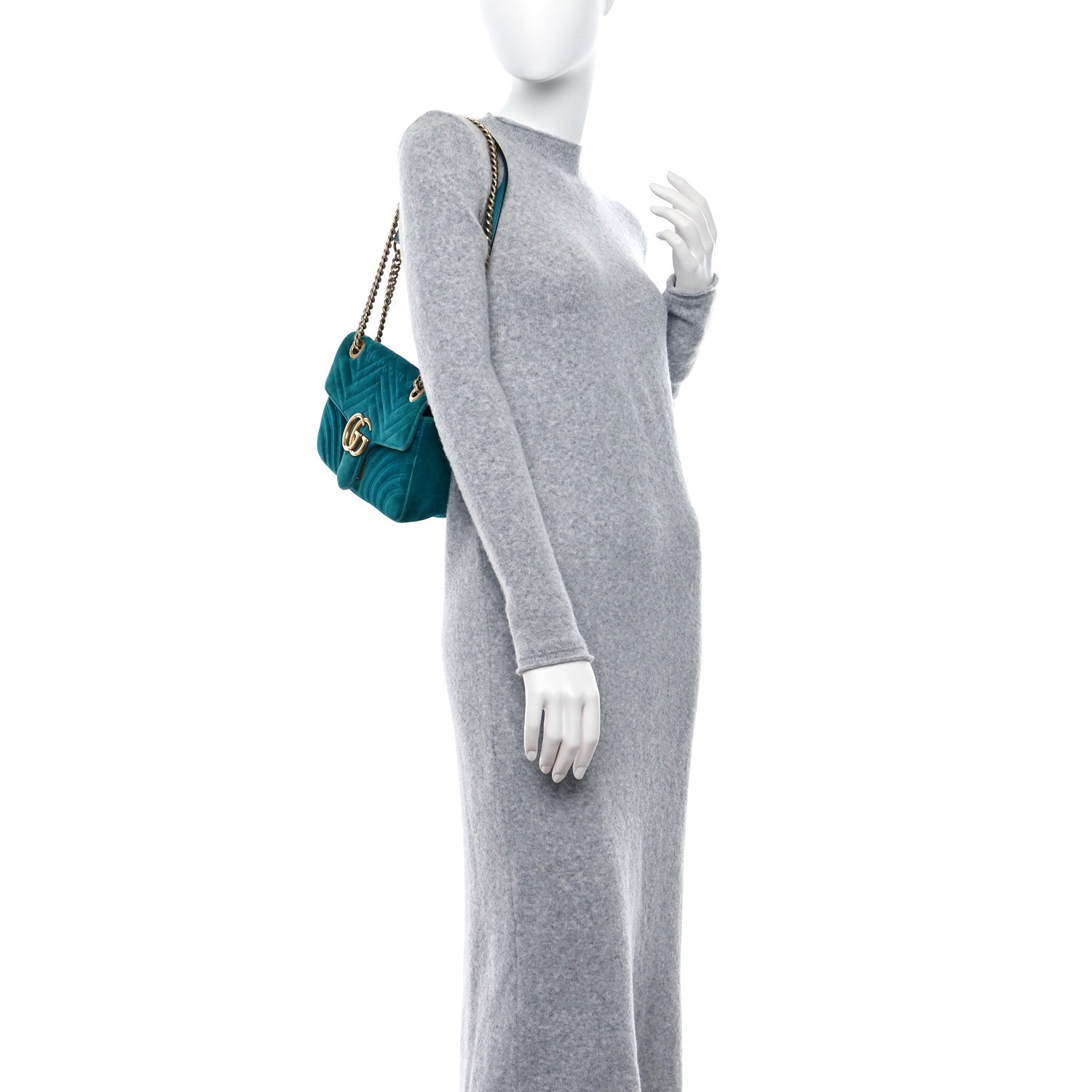 Gucci Velvet Matelasse Small GG Marmont Shoulder Bag Pavone Cyan 2 of 10