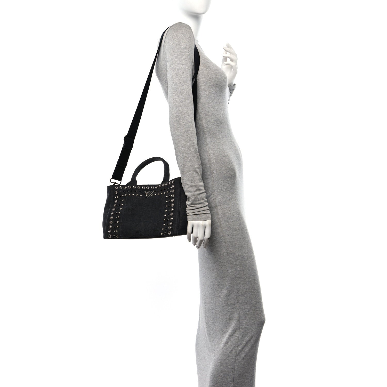 Prada Denim Crystal Studded Small Canapa Tote Black 2 of 9