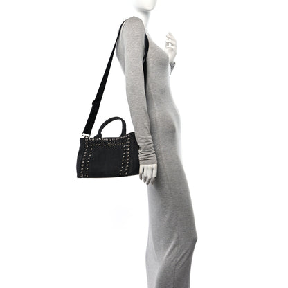 Prada Denim Crystal Studded Small Canapa Tote Black 2 of 9