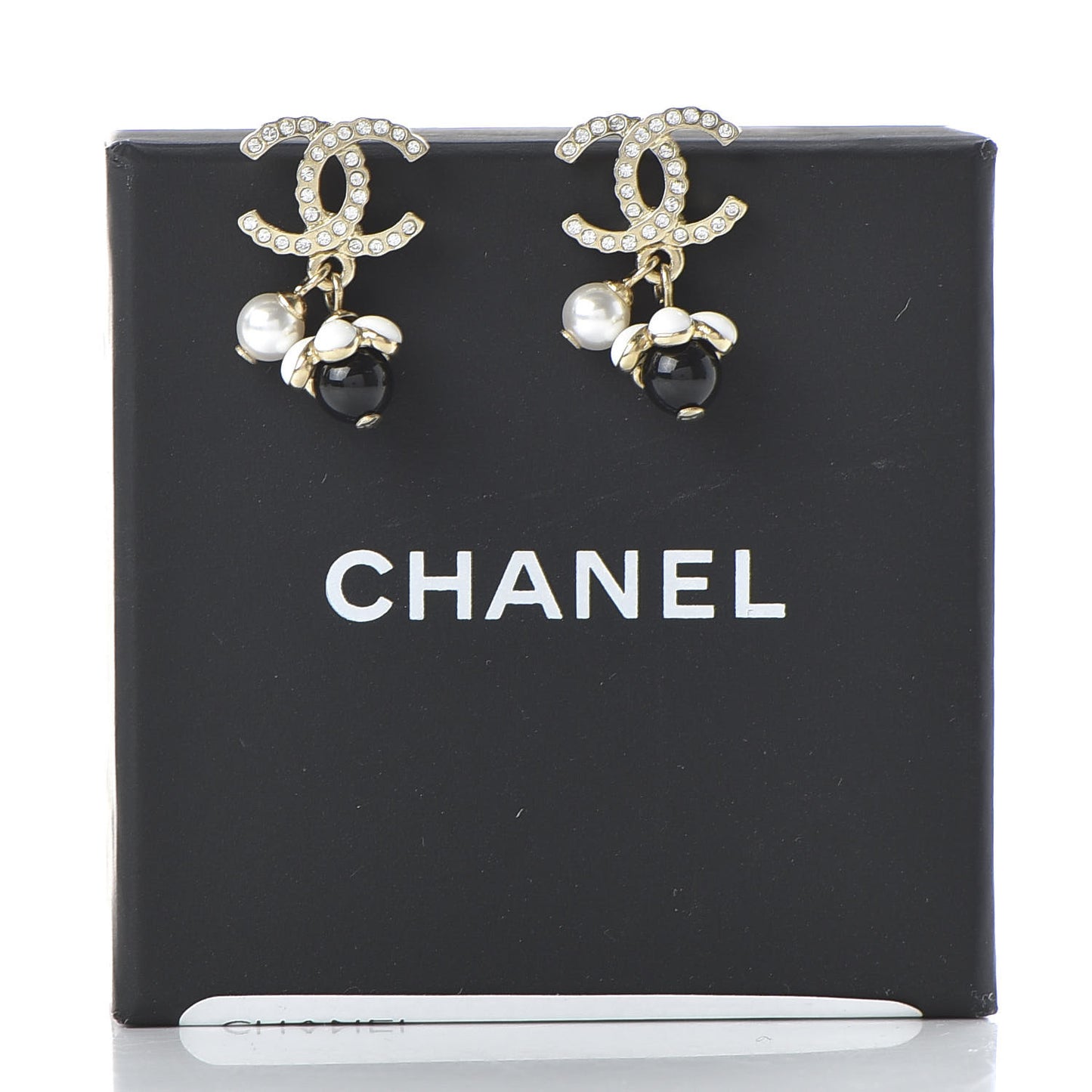 Crystal Bead Pearl CC Drop Earrings Gold White Black