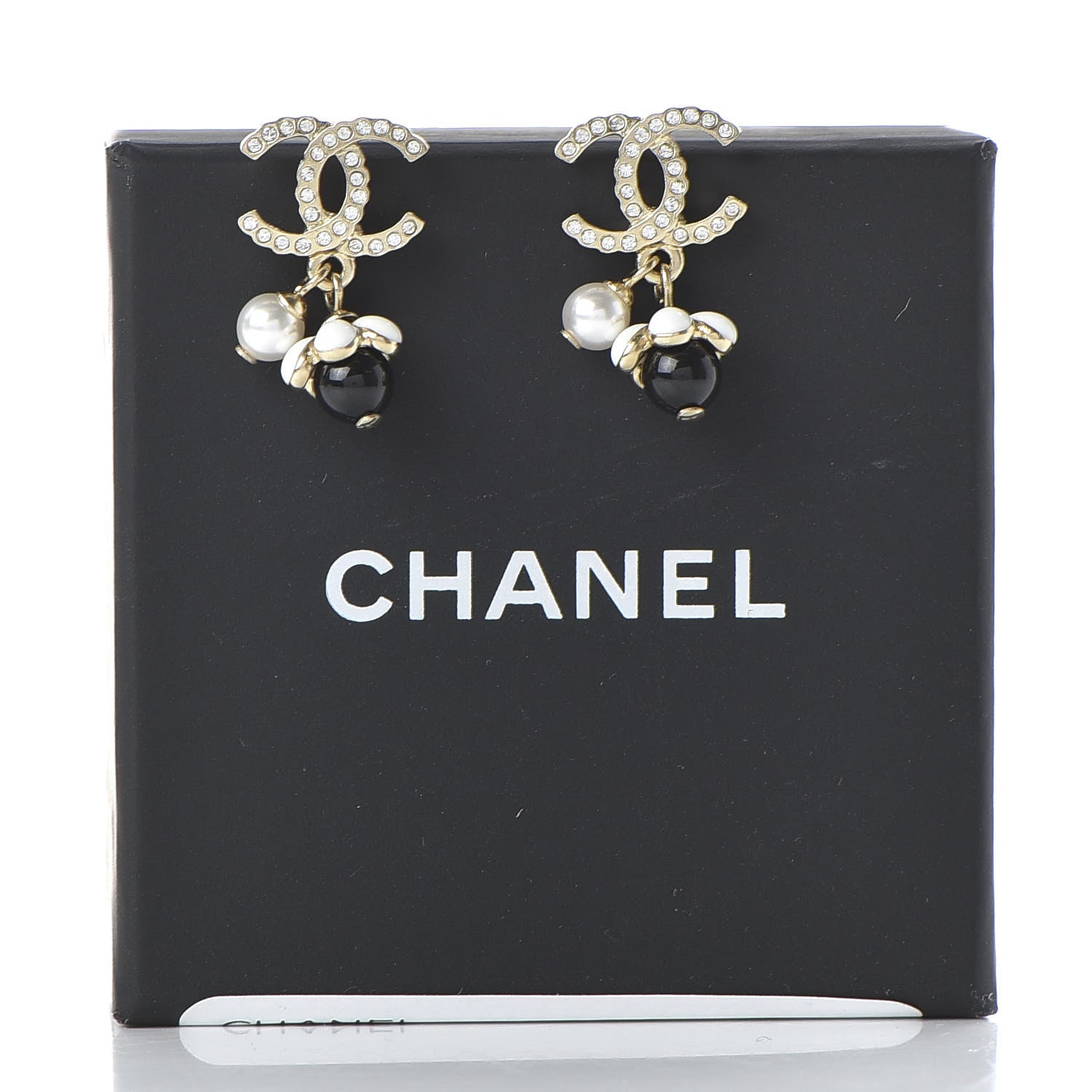 Chanel Crystal Bead Pearl CC Drop Earrings Gold White Black 5 of 5