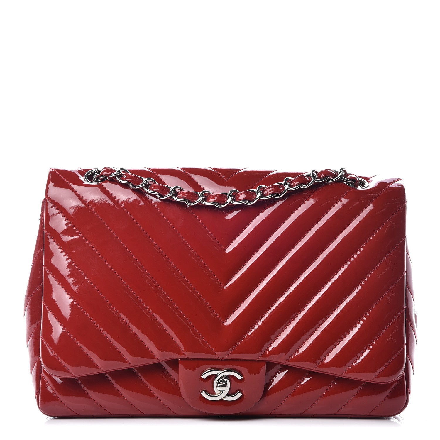 Chanel Patent Chevron Quilted Jumbo Single Flap Red 1 of 15
