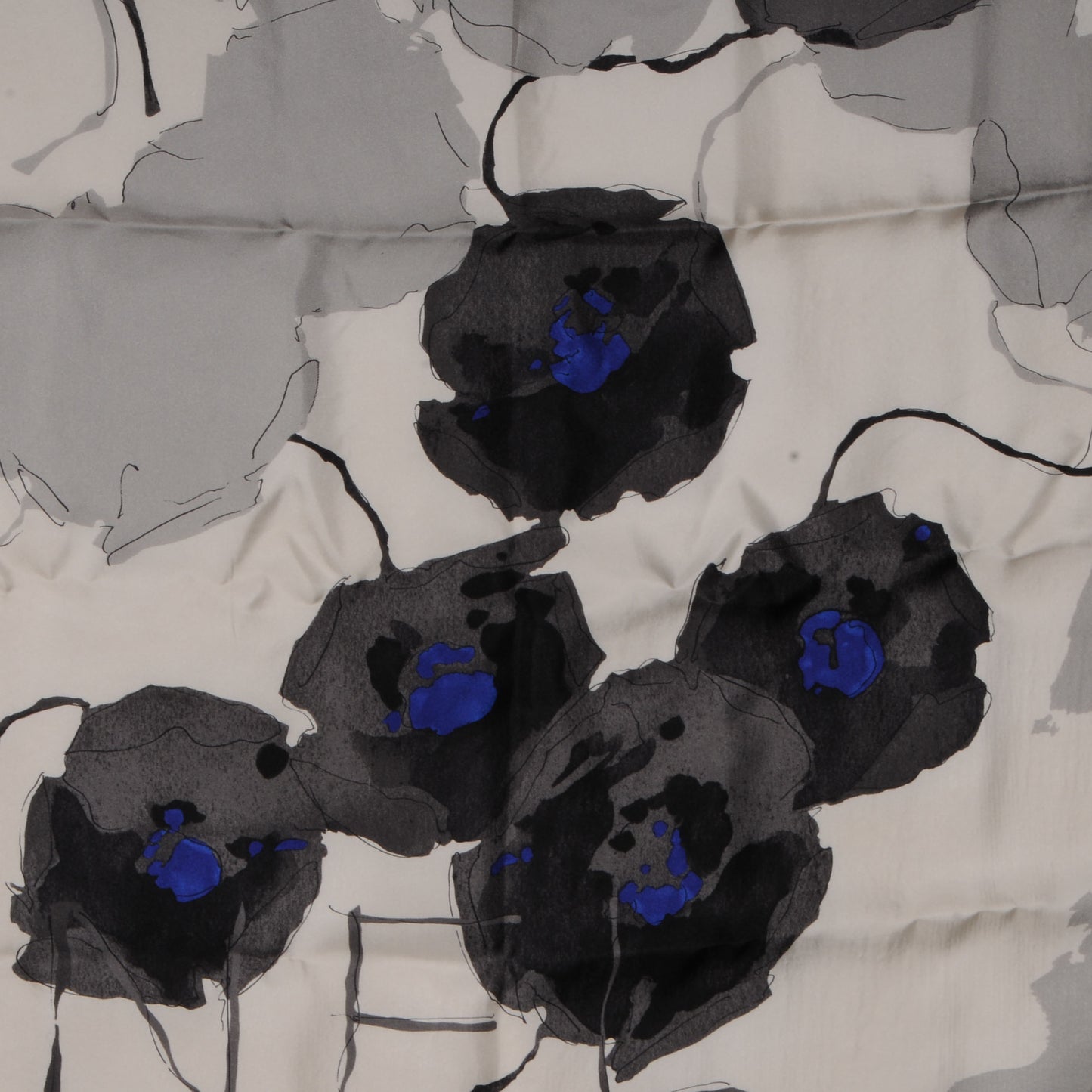 Silk Camellia Flower Scarf Black Grey