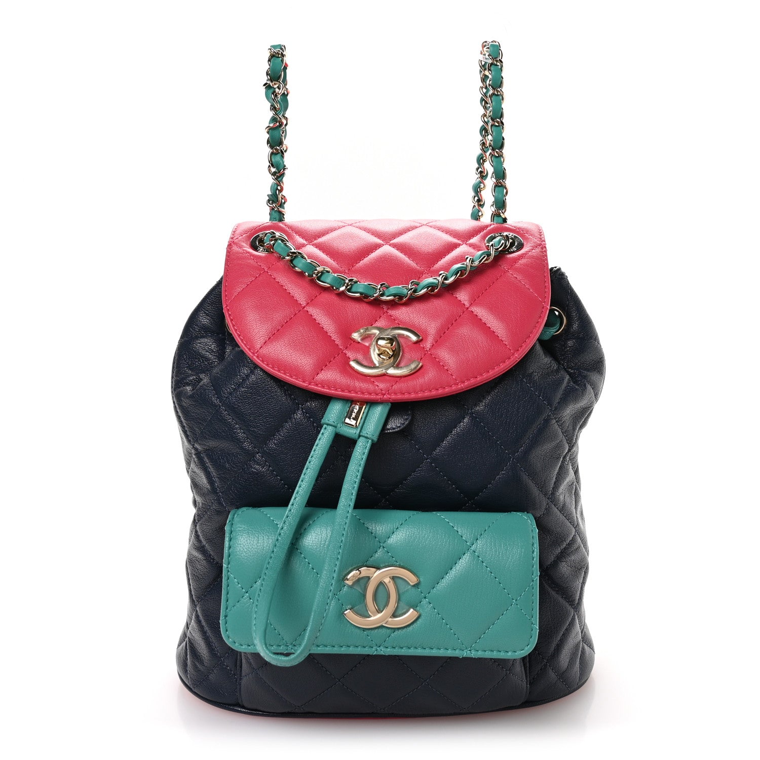 Chanel Goatskin Quilted Duma Drawstring Backpack Navy Turquoise Pink 1 of 10