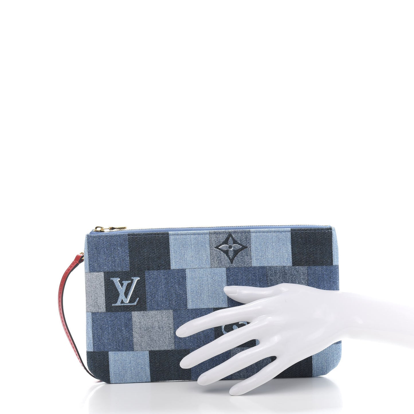 Denim Damier Monogram Patchwork Neverfull MM Pochette Blue Rouge