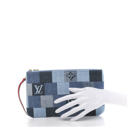 Louis Vuitton Denim Damier Monogram Patchwork Neverfull MM Pochette Blue Rouge 2 of 9