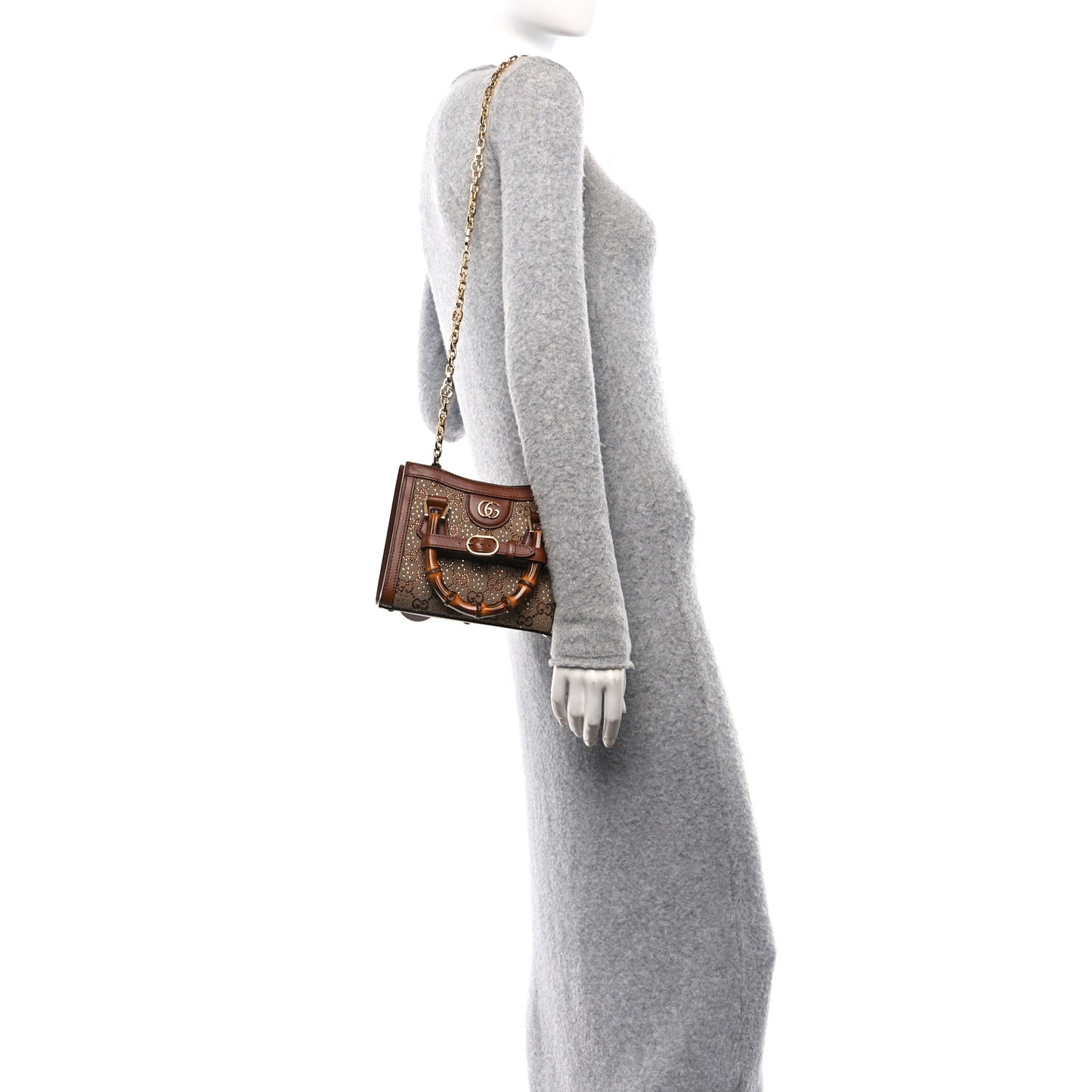New Canvas Charisma Calfskin Crystal GG Monogram Mini Diana Tote Bag Camel Ebony