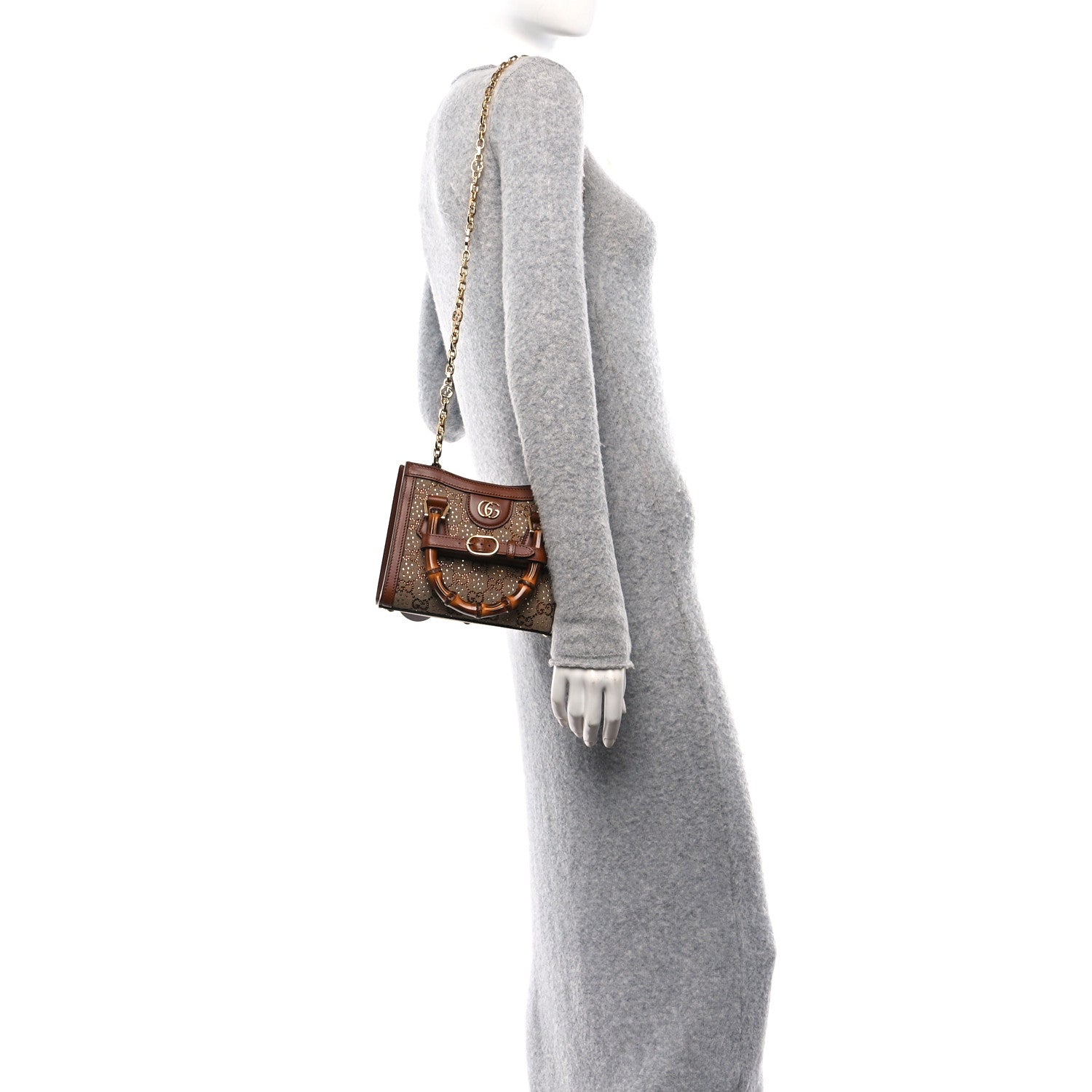 Gucci New Canvas Charisma Calfskin Crystal GG Monogram Mini Diana Tote Bag Camel Ebony 2 of 10