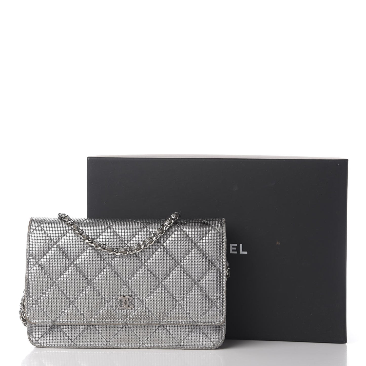 Metallic Calfskin Quilted Pixel Effect Wallet on Chain WOC Silver