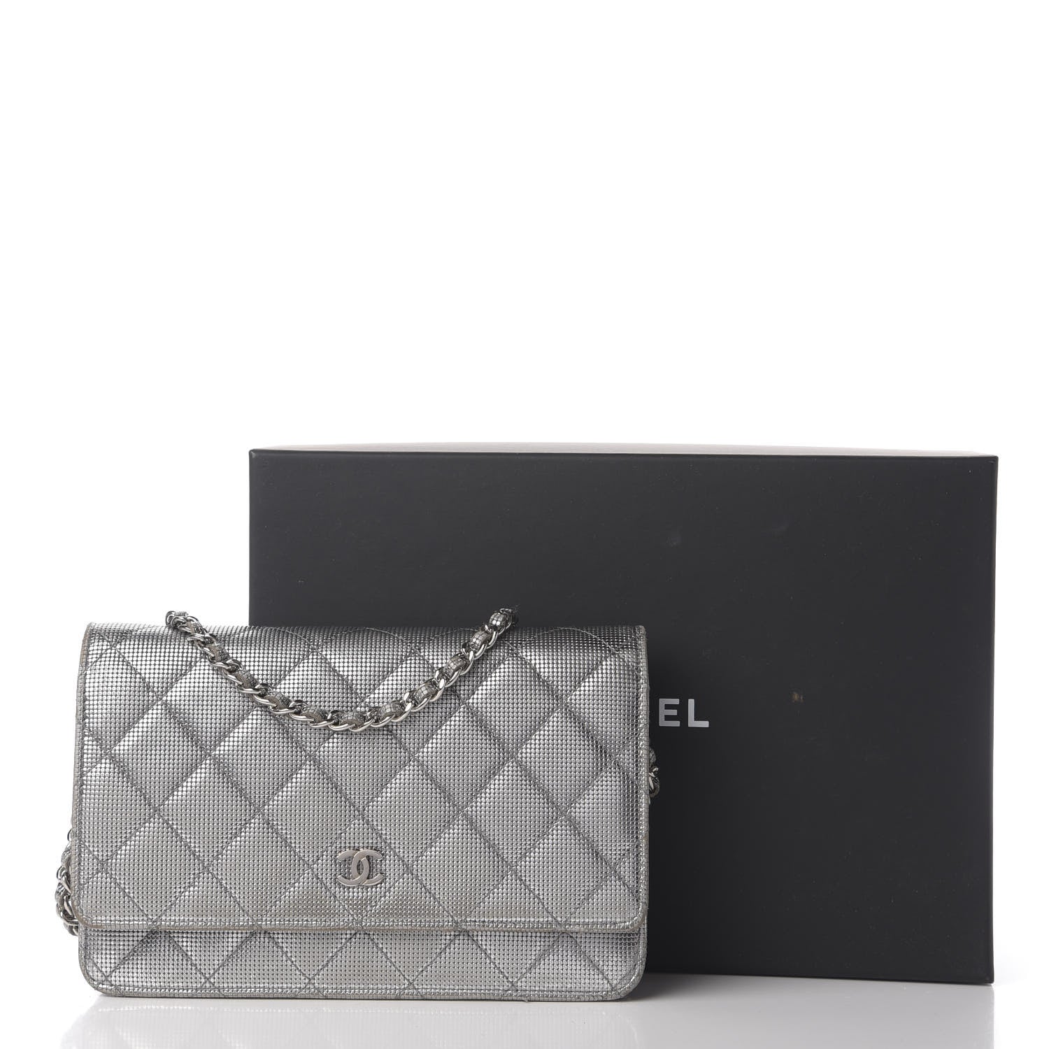Chanel Metallic Calfskin Quilted Pixel Effect Wallet on Chain WOC Silver 13 of 13