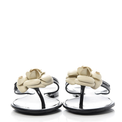 Chanel Jelly Camellia Thong Sandals 36 Black Ivory 2 of 10