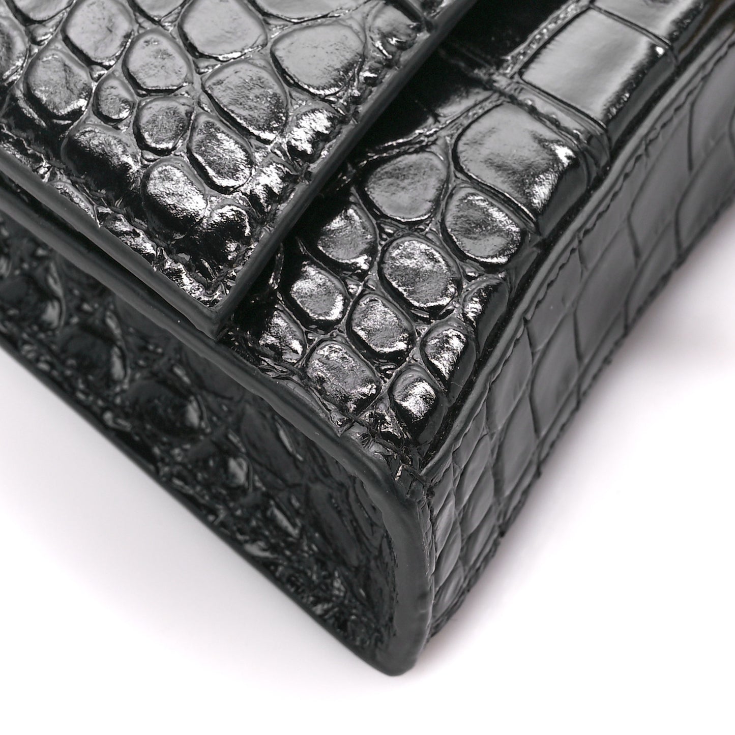 Shiny Calfskin Crocodile Embossed Hourglass Chain Bag Black