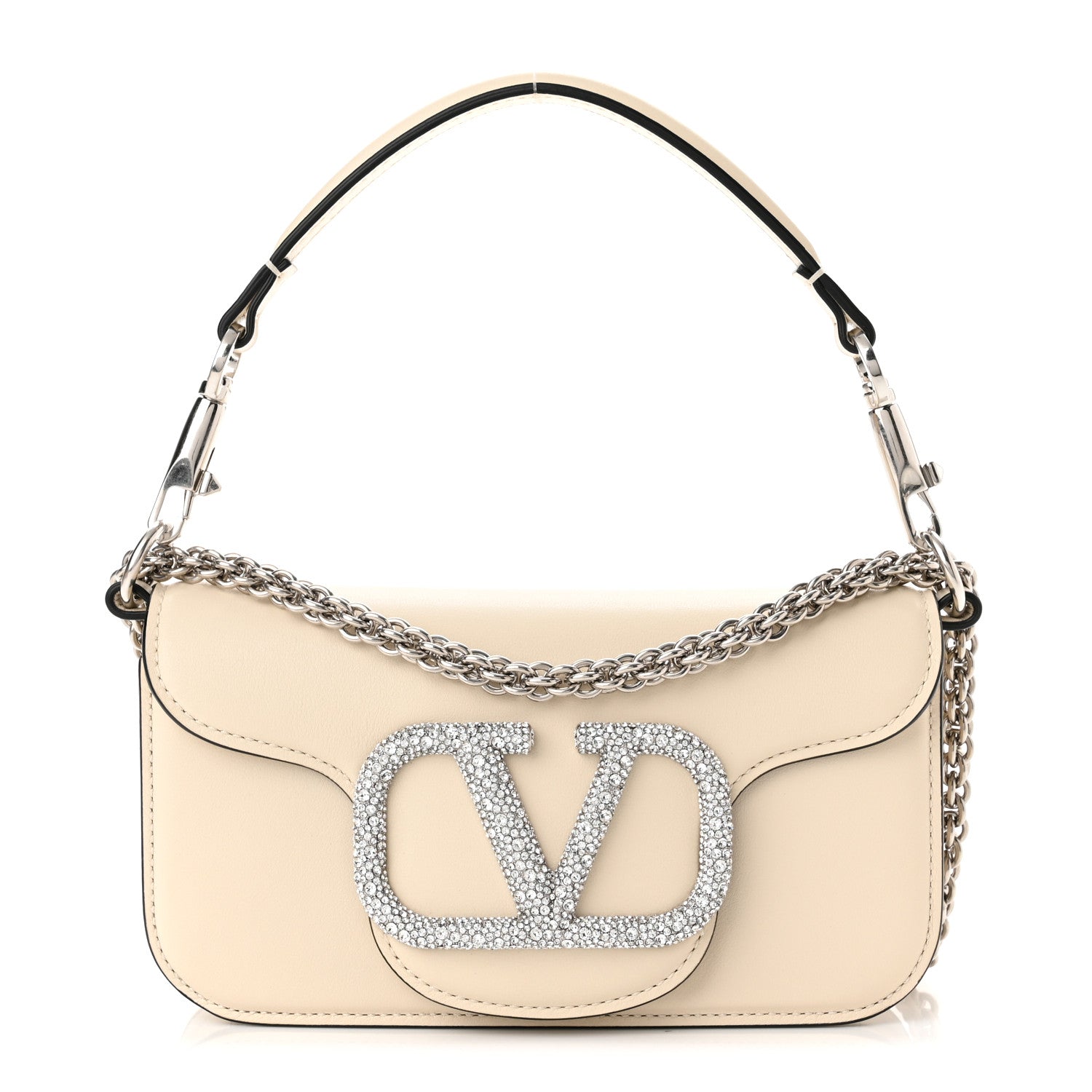 Valentino Garavani Calfskin Crystal Vlogo Small Loco Shoulder Bag Light Ivory 1 of 10