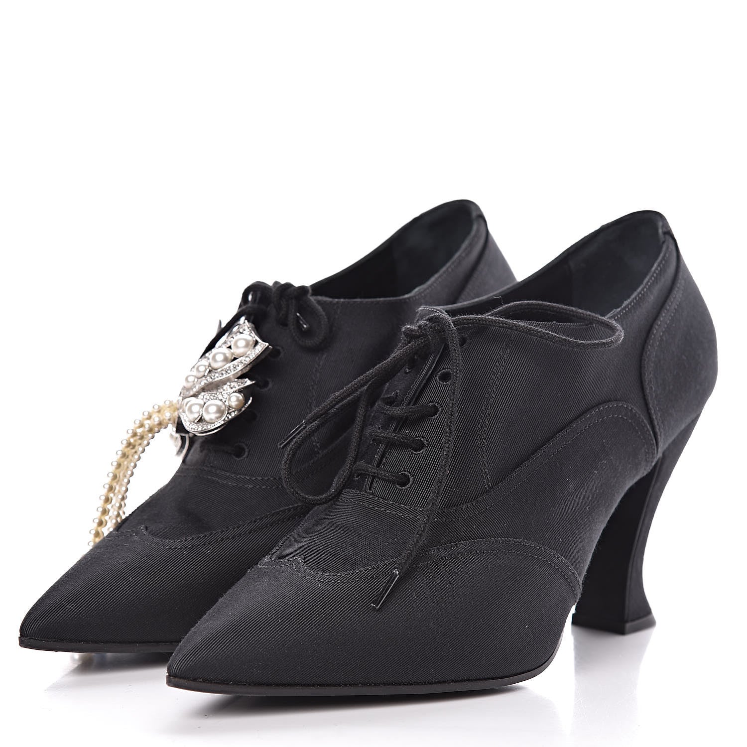 Chanel Grosgrain Pearl Bow CC Oxford Lace Up Booties 37.5 Black 3 of 10