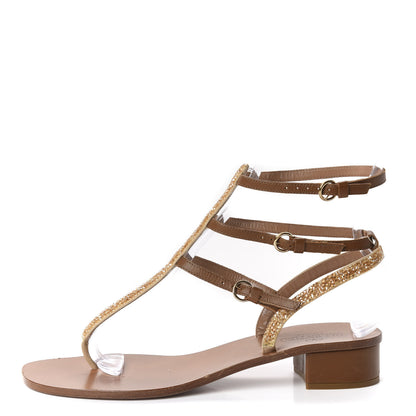 Valentino Garavani Calfskin Beaded Gladiator Ankle Wrap Low Heel Thong Sandals 40 Brown 1 of 8