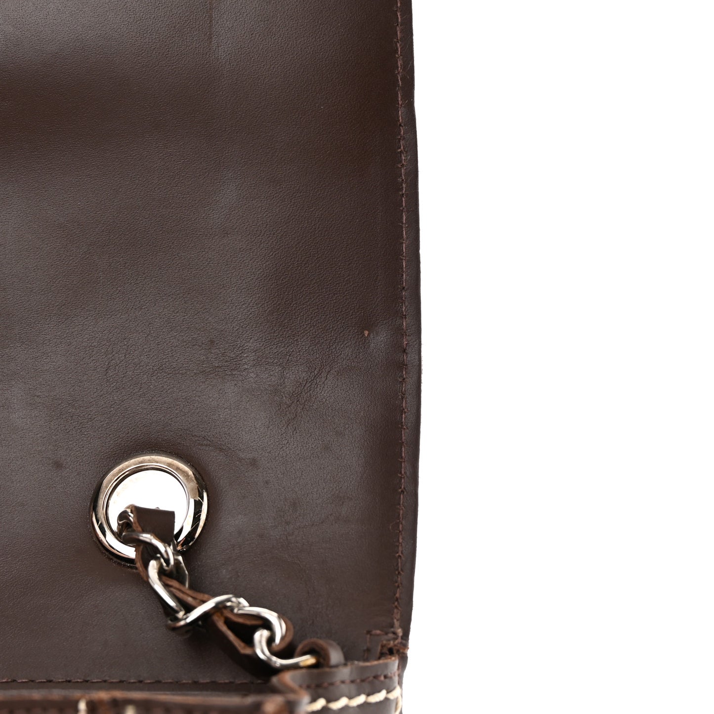 Lambskin Contrast Square Stitch Flap Brown