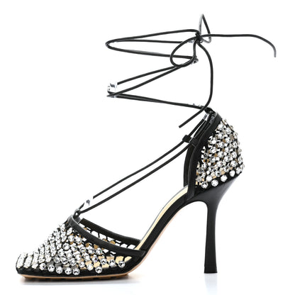 Bottega Veneta Mesh Nappa Crystal Embellished Sparkle Stretch Ankle Tie Sandals 39 Black 1 of 8