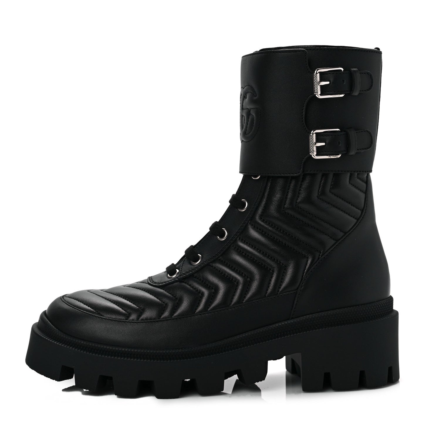 Nappa Frances GG Matelasse Platform Combat Boots 38.5 Black