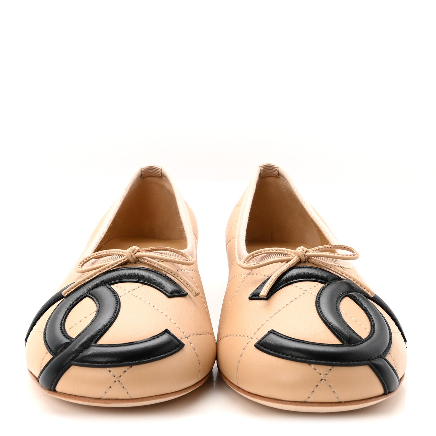 Lambskin Quilted CC Cambon Ballet Flats 38 Beige Black