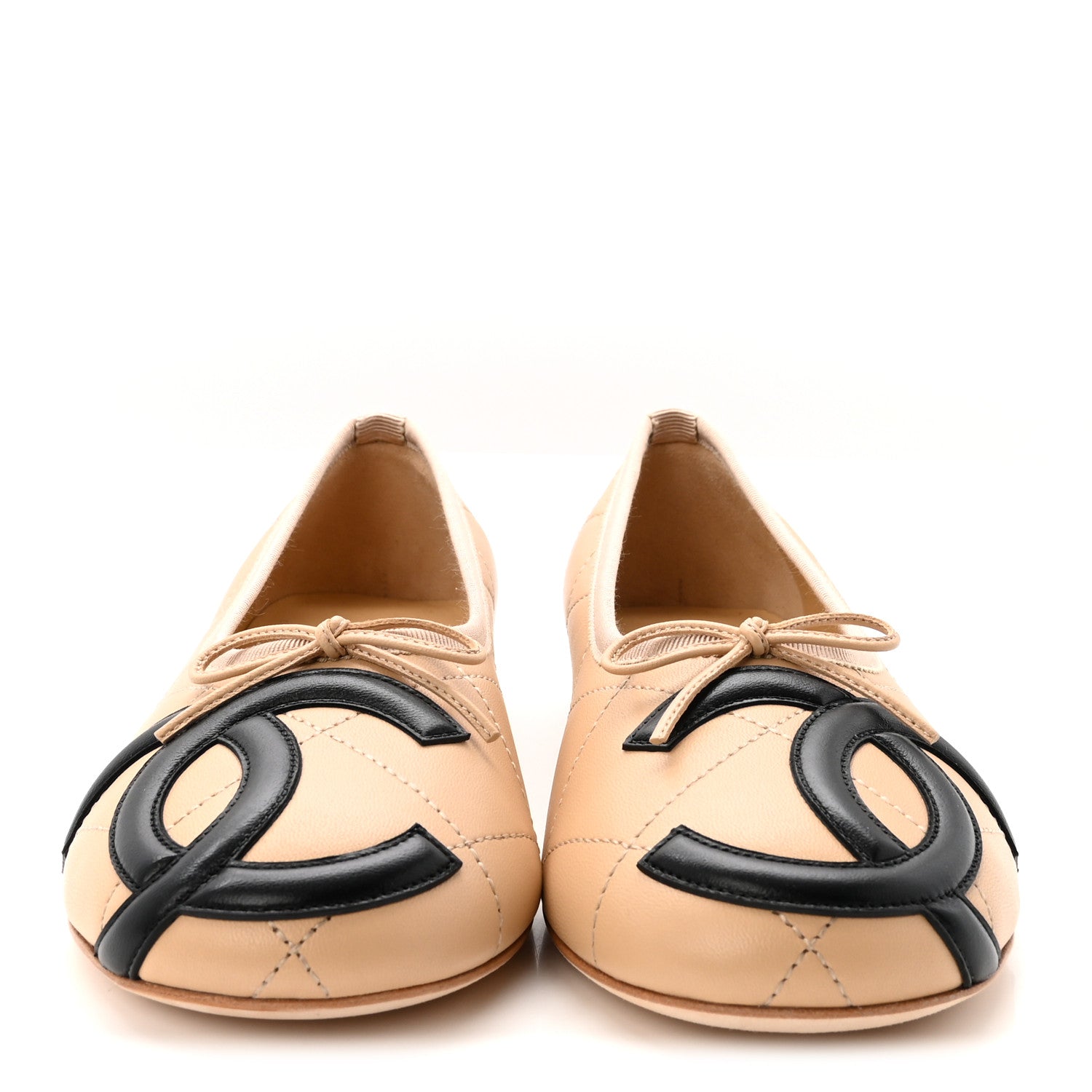 Chanel Lambskin Quilted CC Cambon Ballet Flats 38 Beige Black 3 of 10