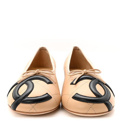 Chanel Lambskin Quilted CC Cambon Ballet Flats 38 Beige Black 3 of 10
