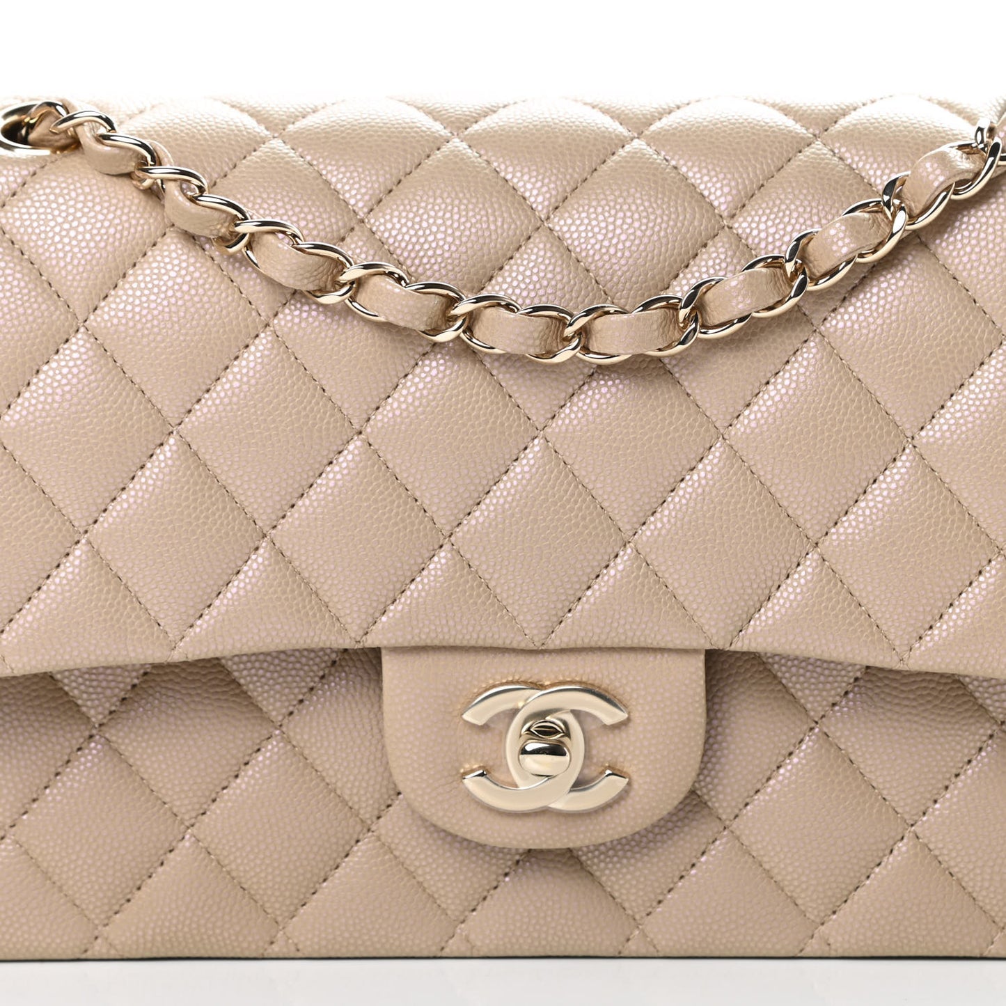 Iridescent Caviar Quilted Medium Double Flap Dark Beige