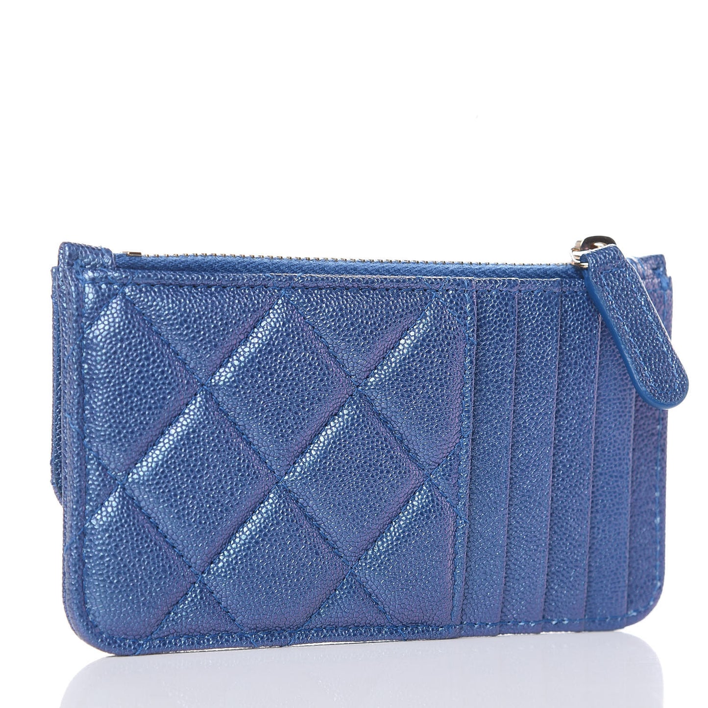 Iridescent Caviar Quilted Flap Zip Card Holder Dark Blue