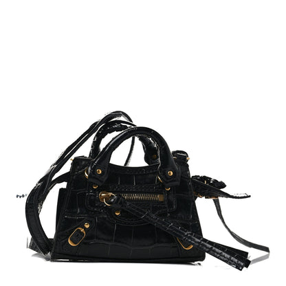 Balenciaga Shiny Supple Calfskin Crocodile Embossed Neo Classic Gold Hardware Super Nano City Crossbody Black 1 of 10