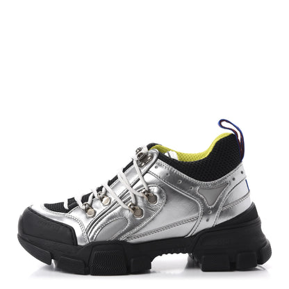 Gucci X SEGA Metallic Calfskin Mesh Womens Flashtrek Sneakers 36 Silver Black 1 of 9