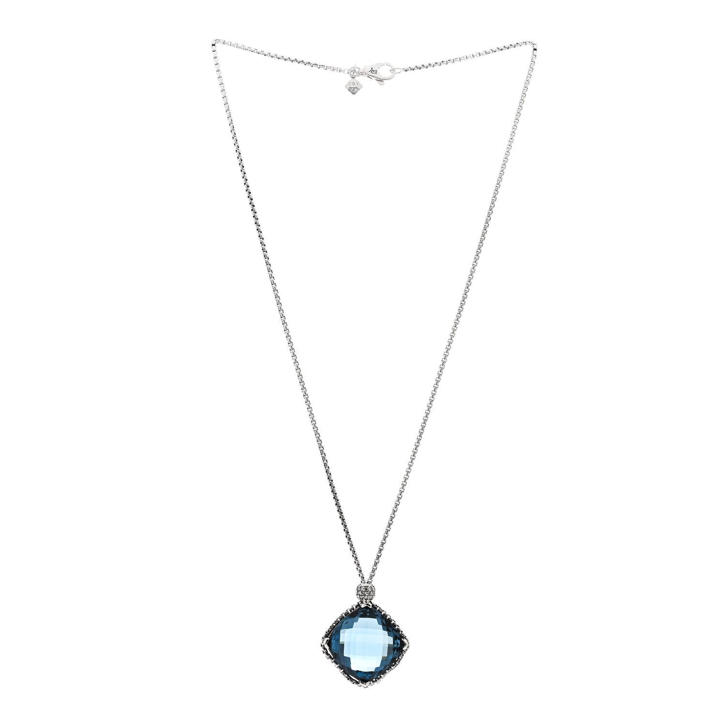 Sterling Silver Diamond Blue Topaz 20mm Cushion on Point Drop Pendant Necklace