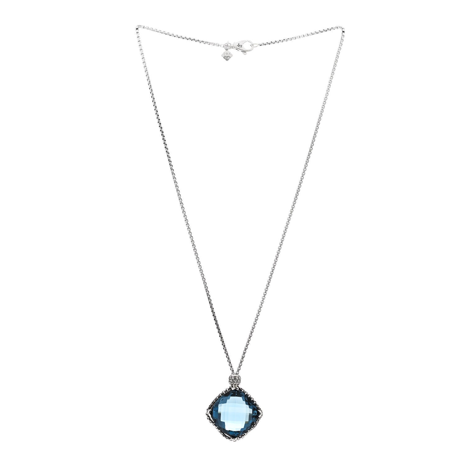 David Yurman Sterling Silver Diamond Blue Topaz 20mm Cushion on Point Drop Pendant Necklace 3 of 8