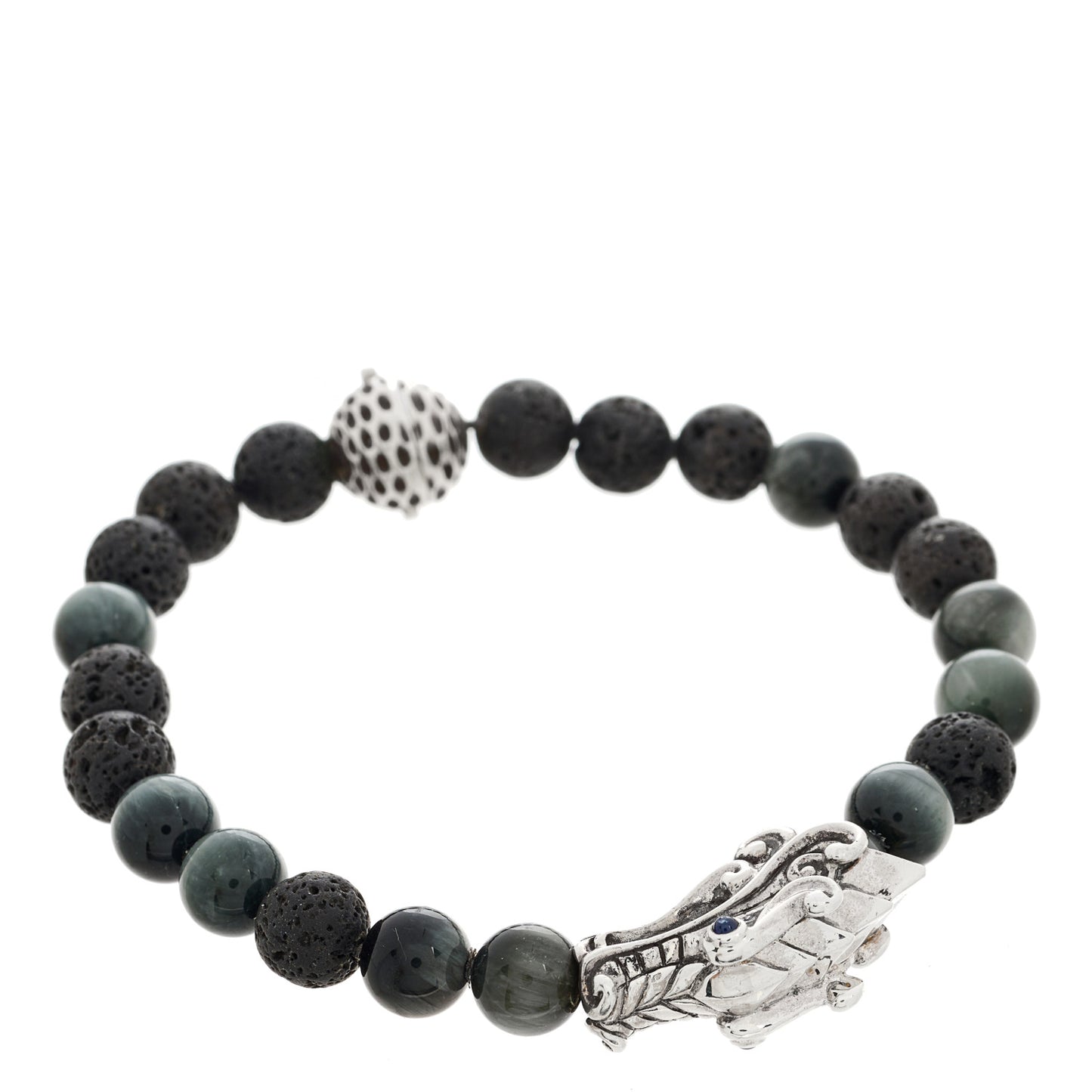 Sterling Silver Blue Sapphire Eagles Eye Lava Stone Naga Dragon Beaded Bracelet